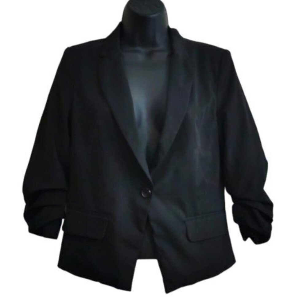 Women's PAPAYA Blackl Waist Length Ruched Sleeve Blazer Size Small GUC #0243